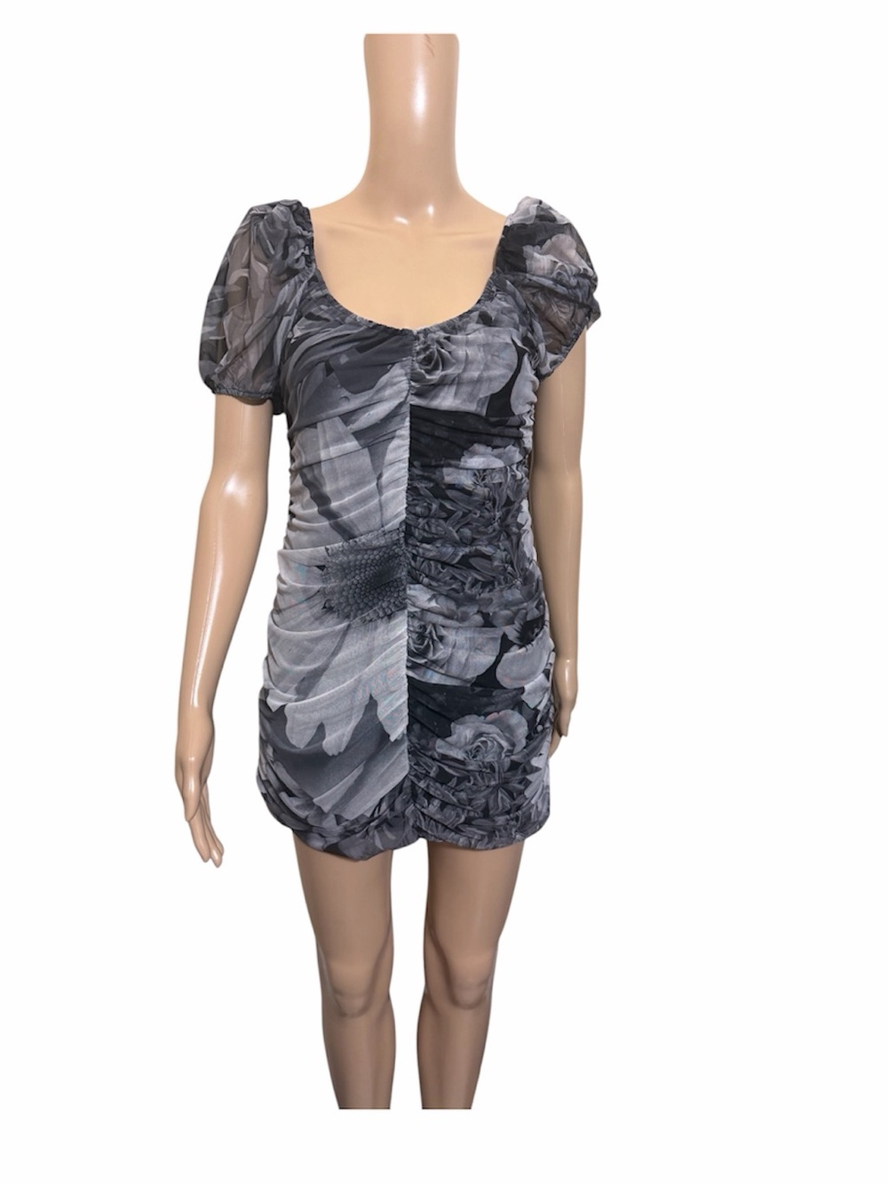 Desigual Gray Floral Ruched Scoop-Neck Mini Dress